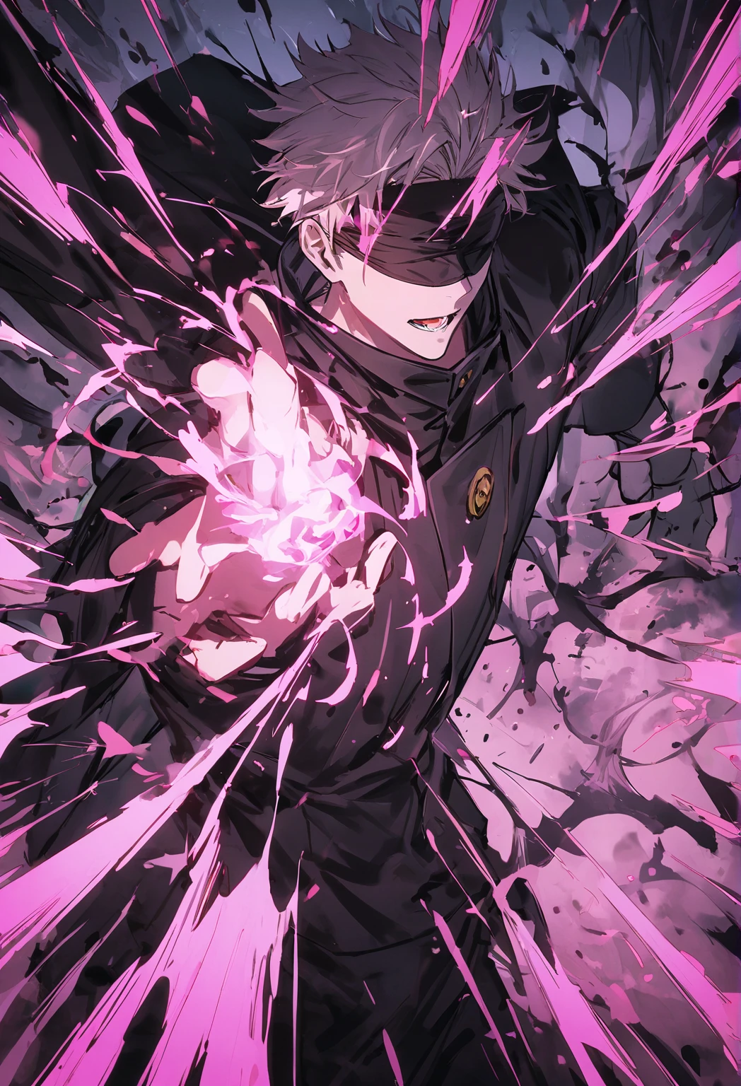 a male character named "ROYAMEN SUKUNA" in. "Jujutsu Kaisen" story series, has short, dry, pink hair, is dressed in a black hoodie with a red hoodie, has a tattoo on the face that resembles black abstract lines, and a curved tattoo on the wrist down to the chin with 4K HDR photo resolution, ANIME ,