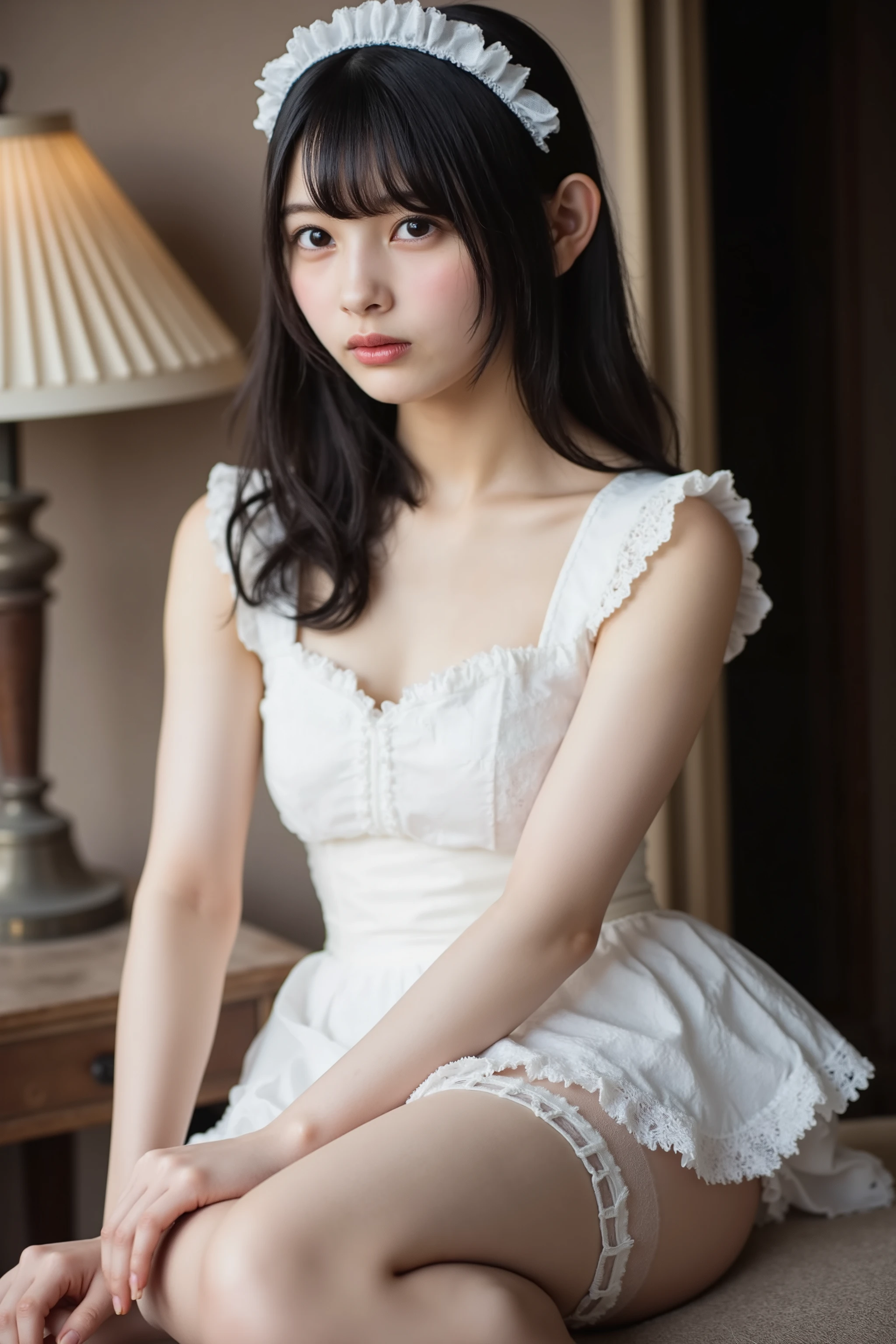 1 girl、maid、sitting、フリルソックス、from below、 Ashikiri、embarrassing、bike shorts、puffy lips、Toeless Legwear、cross lace legwear、masterpiece、Highest Quality、uncensored