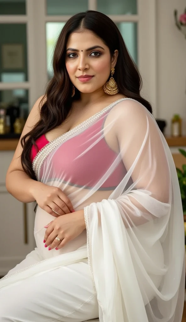 indian.plus size bhabhi wearing  white shirt and pink skirt, big breasts, she has big belly and big buttocks, ( side pose )