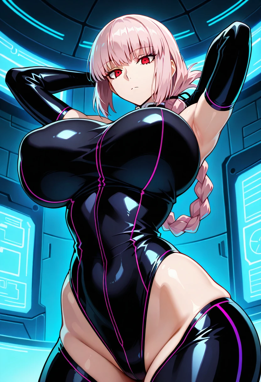 Masterpiece, underboob, under boob, from side ,best quality, 1girl, between breasts, paizuri, , 1boy, wet penis , penis between the breasts, large breasts, collarbone, pubic hair, breasts_squeezed_together, unaligned breasts, asymmetrical breasts, futuristic room, window, sci fi outfit, glowing suit, advanced technology, beautiful girlfriend, large cleavage, large ,, , purple lights, motion lines, smug, tongue, side boob