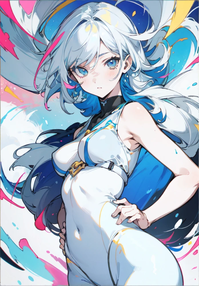 Young girl with long white hair with colored streaks wears a blue headband and a necklace with a gem