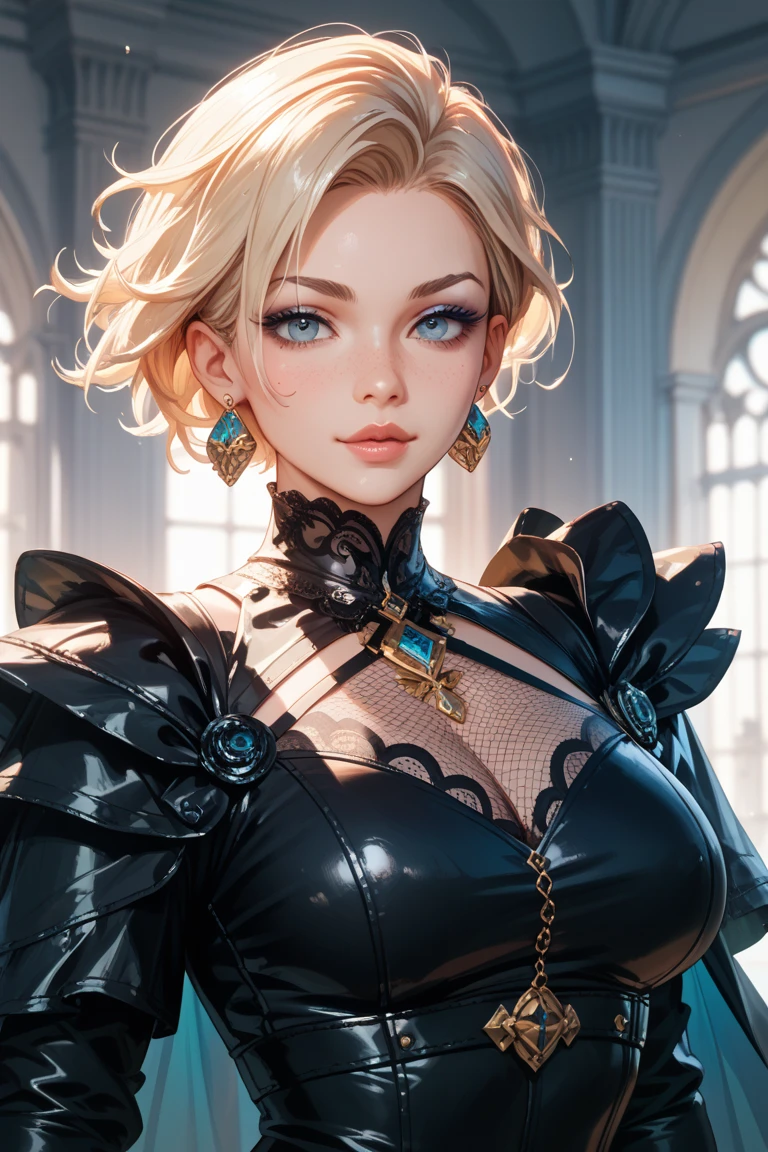 Young blonde girl, black eye patch, twin large ponytails, 
BREAK (masterpiece:1.2), best quality, high resolution, unity 8k wallpaper, (illustration:0.8), (beautiful detailed eyes:1.6), extremely detailed face, perfect lighting, extremely detailed CG, (perfect hands, perfect ???????), joyful, laughing, Happy, thigh corset with deep lace neckline, portrait (3:4), posing. In darkness next to a scary castle.