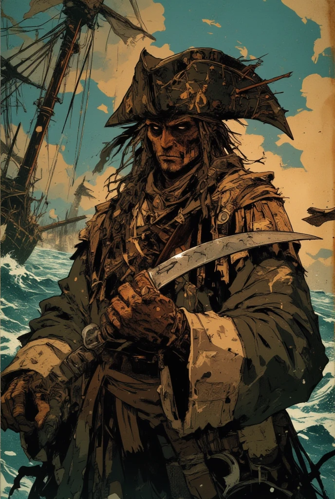 Imagine a dark scene on a battlefield. usopp, a character with his long, distinctive nose, It's lying on the ground. He wears his signature pirate costume, including the pirate hat and camouflage print pants. There&#39;s a pained expression on your face, and a bullet wound is visible in his chest, with blood staining your clothes. ao redor, the scene is devastated, with wreckage and signs of an intense fight. The sky is dark and overcast, adding a tragic atmosphere to the scene.