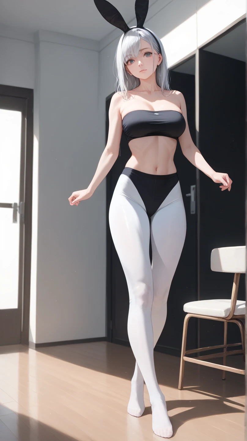 (hyperrealistic), (high resolution), (extremely detailed), (best illustration), (beautiful detailed eyes), (ultra-detailed), ( wallpaper), (detailed face), solo, 1 girl, white wavy hair, Japanese, heterochromic eyes, small moles under the eyes, loose white shirt, yoga pants, big breasts, long legs, tight abs, camel toes, dynamic pose, front view, full body shot, (illustration), first-person view, pov, bokeh, Canon, (8K), (best quality), (masterpiece), anatomically correct, super detail, 16k