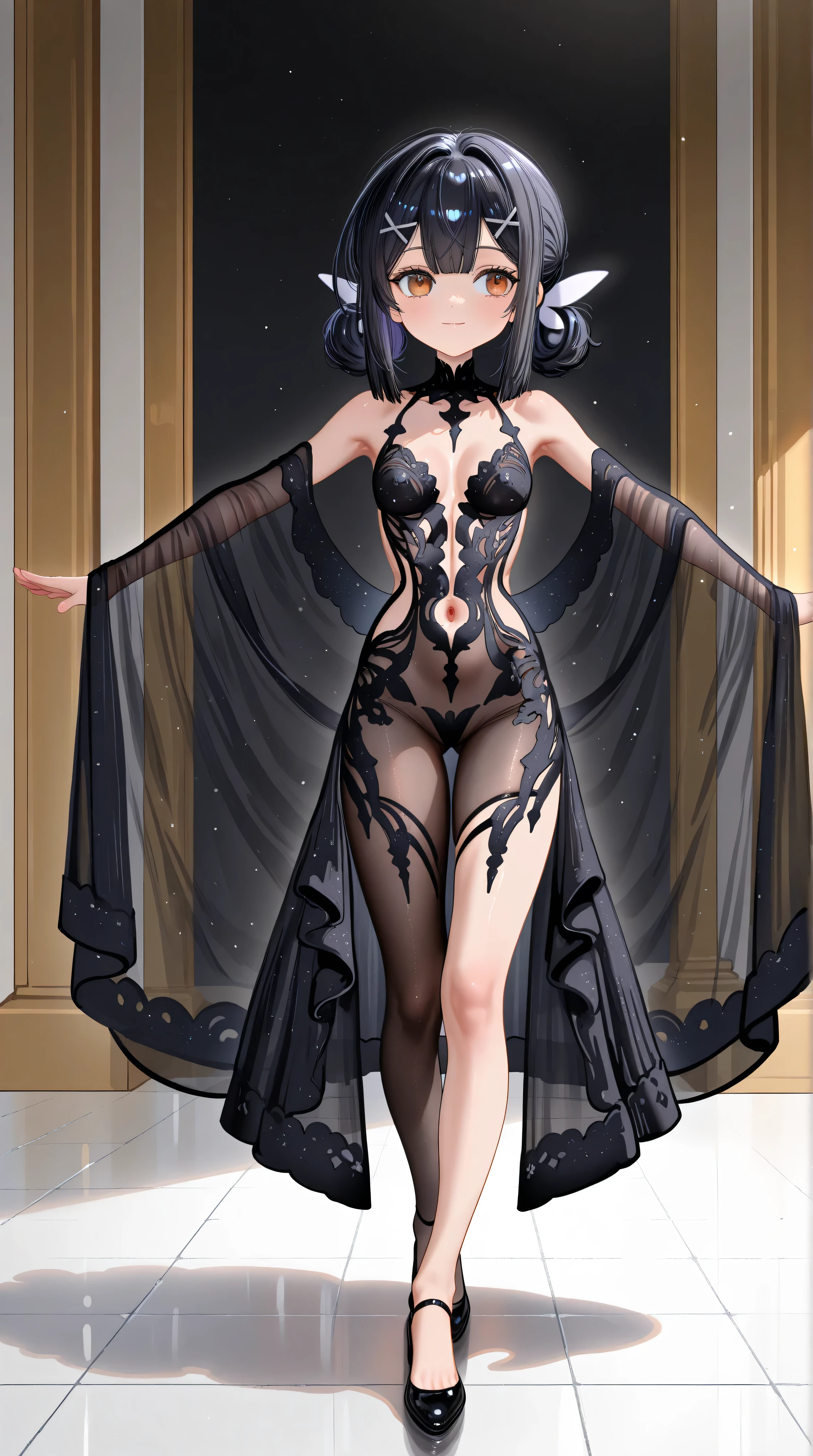 wide shot,full body,1girl,Miyu Edelfelt,,toddler,petite,cute face,light smile,solo,brown eyes,black hair,x hair ornament,small breasts,spread arms,cleavage see-through,navel,bare back,slim,slim legs,chronopattern dress,full bodystocking,revealing-clothes,walking,looking at view,masterpiece,best quality,newest,highres,absurdres,very awa,shiny skin,(artist:loika:0.5),(artist:xiaoshou xiansheng:0.8),artist:rin31153336,artist:gawako,