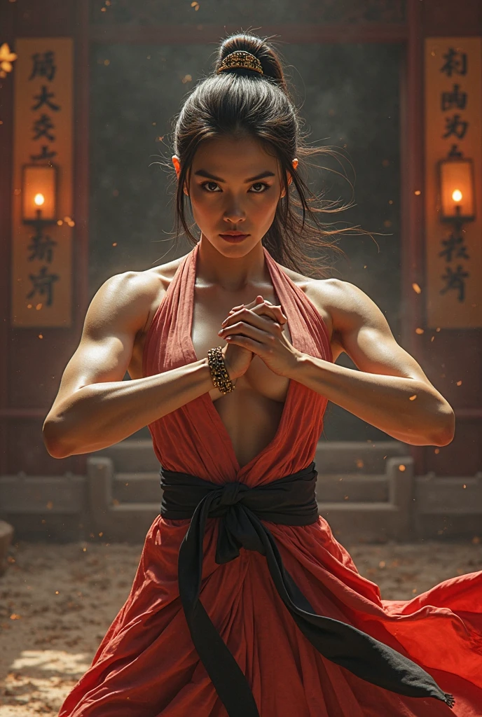 Realistic busty 35yo woman,Karateka,shaolin temple,ultimate form,8k,erotic obscene Performance Special move,buttle aura