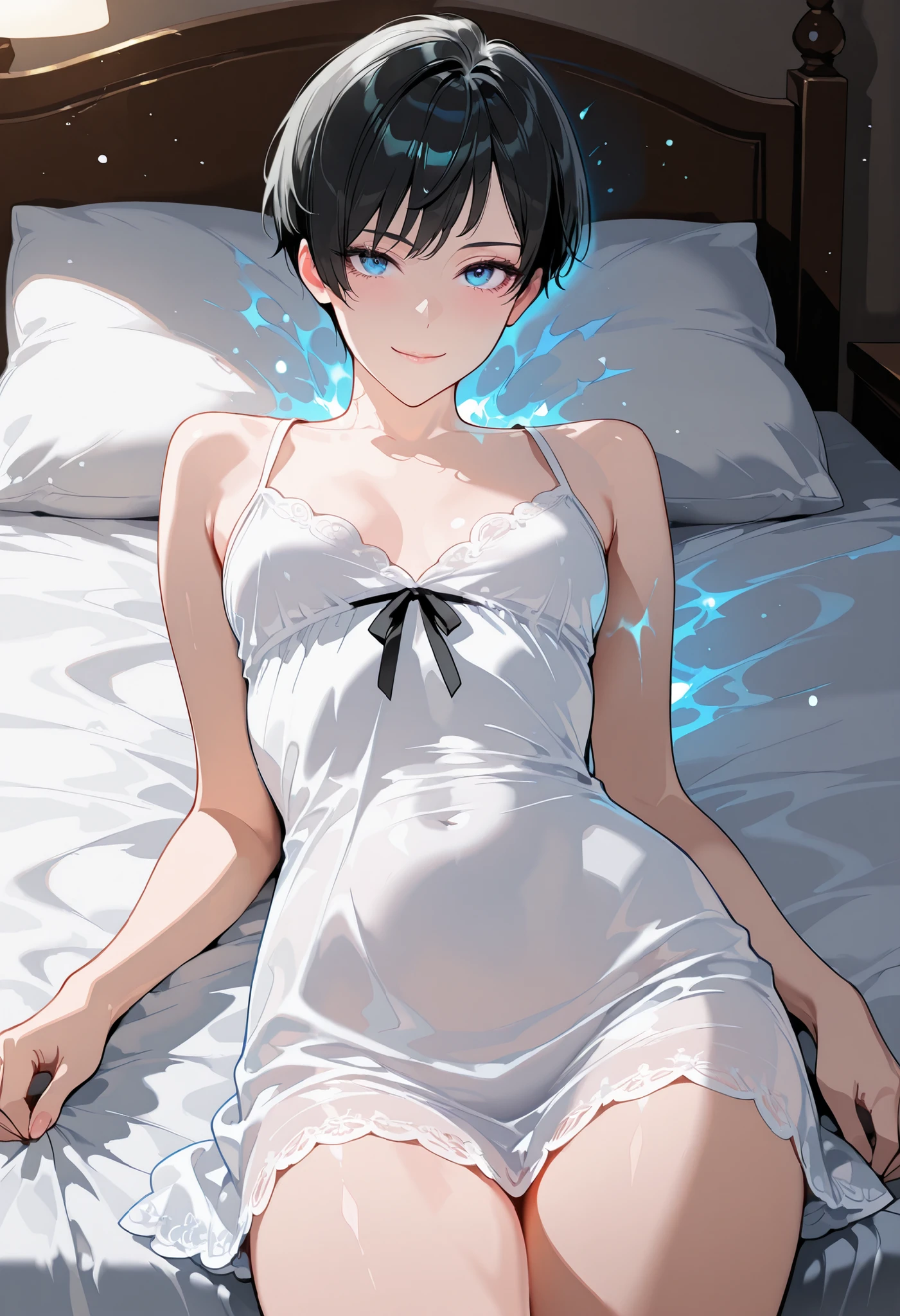 masterpiece, best quality, good quality, newest, highres, absurdres, volumetric lighting, gradient color, uncensored,
BREAK
raytracing, volumetric lighting, ambient occlusion, background, masterpiece, best quality, very awa, absurdres, model style, stylist,
BREAK
ambient occlusion, raytracing, soft lighting, blum effect, masterpiece, absolutely eye-catching, particles, glow, shining, intricate cinematic background, (beautiful face),
BREAK
(dynamic poses), looking at viewer, small perky , slender body
BREAK
masterpiece, amazing quality, best quality, ultra-detailed, 8K, illustration, CG, ultra-detailed-eyes, detailed background, beautiful girl with long slim body, blue eyes, eyelashes, black hair, short pixie cut hair,
BREAK
(blushed red, light smile)
BREAK
((sheer white loose mini nightdress)), bedroom, ((cowboy shot:1.3)), , lustrous skin, skin, skin, (lying on bed:1.3)