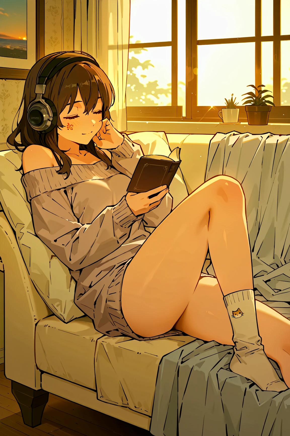 best quality,4k,8k,highres,masterpiece:1.2,ultra-detailed,realistic:1.37,beautiful detailed eyes,beautiful detailed lips,extremely detailed eyes and face,long eyelashes,1girl,lofi girl,soft lighting,pastel colors,dreamy atmosphere,retro vibes,vintage fashion,vinyl record player,dusty room,relaxed pose,film photography aesthetic,vignette,soft focus,old books on shelf,indoor plants,cassette tapes,coffee cup,headphones,digital artwork,laid-back expression,warm and cozy,cozy sweater,candlelight,neon lights,glowing sunset,artistic vibes,ethereal ambiance