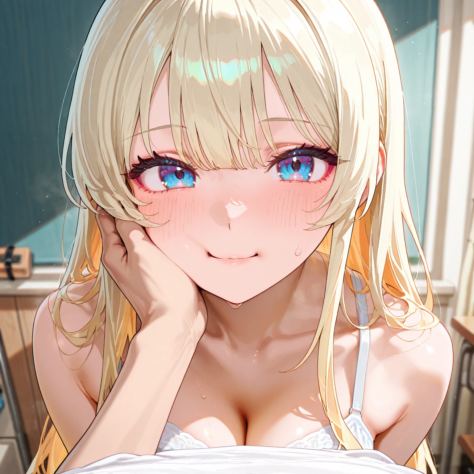 (masterpiece:1.5、Photorealistic:1.4,High Saturation:1.4、high resolution:1.4)、,(spot light:1.2、Exquisite beautiful eye:1.5,)、(from below:1.2)、
(kind eyes、tareme:1.4),()、(Cute Face、Eyes in Love:1.4)、(blonde hair:1.5)、(middle hair:1.5),(sidelock :1.6),(blunt bangs:1.3),(1 girl)、(blue eyes:1.2)、(upper body:1.5)、(sleepy:1.5),()、(Lie down on the sofa and relax:1.3)、(head tilt) ,(half closed eyes),(flat chest),(),(white lace bra:1.5),(Tie your hair together:1.5,),(A room full of plants:1.5)、()、()、Slim Body(),Shiny Hair、girl、