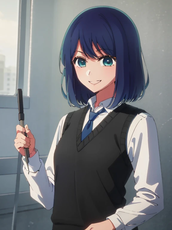 Beautiful lighting, One Girl, solo, Akane, White shirt, (((skirt))),Sweater vest, Black vest, Blue tie, ((Anime Style))、((2D))、Laughter、Open your mouth、Look forward,((Cotton panties with crotch)),(((skirtめくり, I can see your pants))),squat,From below,