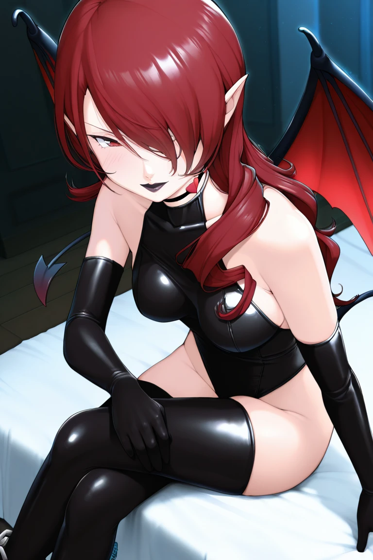 Highest quality, masterpiece, One Girl,Not beautiful, Red Ponytail, Long dress, brooch, Hair Ribbon, - Elbow hand pockets, Black knee socks, Standing on the rubble,  (Wicked Smile:1.1), ,,Dark shadowed face,Sadistic smile,Malice,Contempt,smile,latex,Bad face,,Red Skirt,two hands,two legs,five fingers,evil background,elbow gloves,latex, Wicked Smile, devilish aura (Shiny fabric:1.5),Dark world background,独奏,feet,


