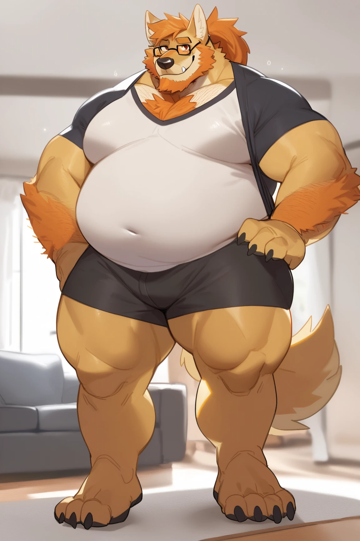 Solo, male, obese, Arcanine, overweight, massive body, fat , bere feet, black claws, beige crotch hair, round, big belly, chubby, obese belly, fatgut, musclegut, muscular, mature male, shy, cream fur, blue eyes, cream hair, cream body hair, cream belly hair, short shorts, living room, plants, best quality, detailed hands, five fingers, full body, hands lifting belly