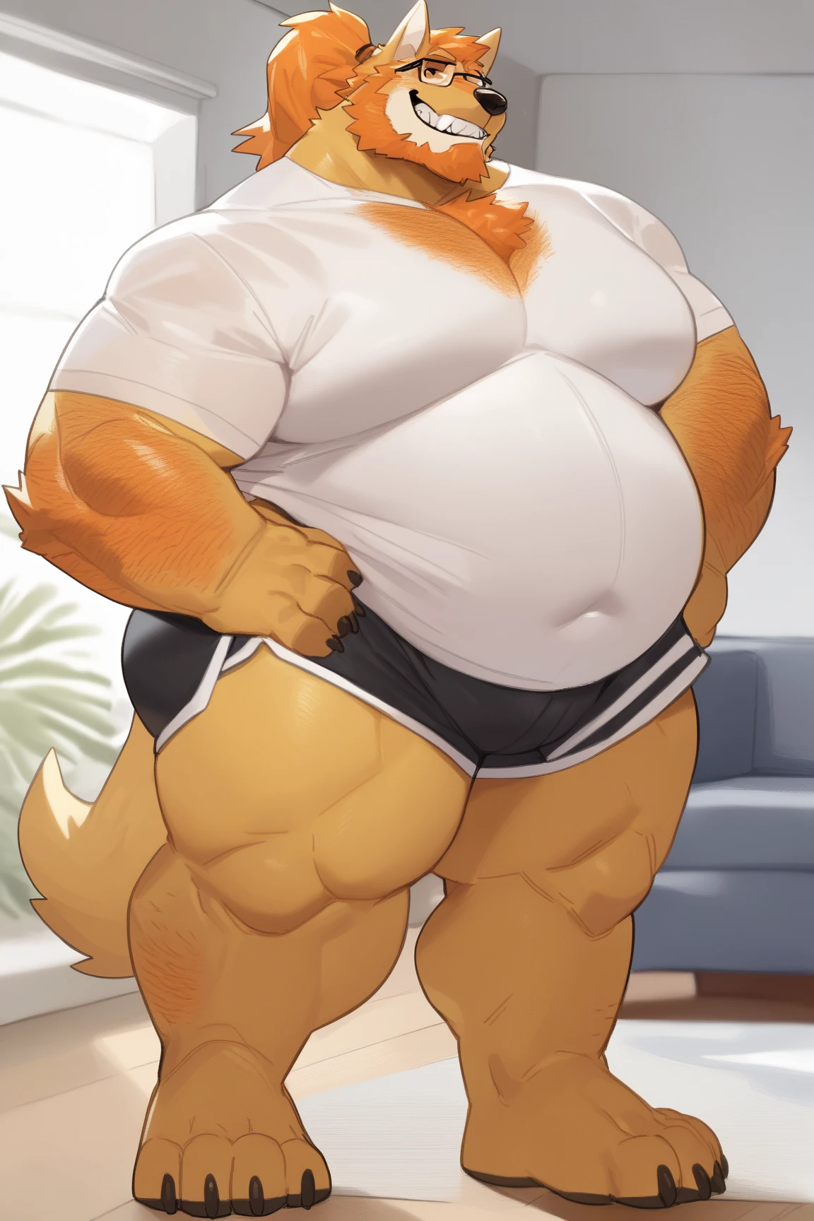 master peice,hyper quality, hyper detailed,Perfect drawing, 1 fat beautiful girl、blonde hair, Akita Inu Bikini、obese body, cute and fat face, Akita Inu ears、Akita Inu tail、Akita Inu palm、Akita Inu paws、Akita Inu fingers、sharp claws、Sharp fangs、Hunter's eyes aiming for prey、Black and blonde mesh、Sharp eyes、Height 177cm、MeasurementsB95W60H90、Kneeling、pow pause, eating a lot food, WeightObese