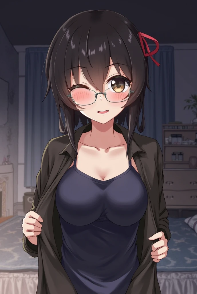 Anime woman flat chested. She is wearing a sage green sweater and dark grey jeans. She has short black messy hair and wears glasses. Her eyes are black and she’s smiling nervously. The background is the front office of a motel she owns, there is a bit of blood in the background.