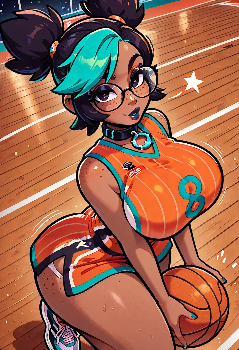 Big breasts, Huge breasts, Gigantic breasts, undersized bra, huge breasts, skindentation, cleavage, underboob, sideboob, bursting breasts, undersized bra, huge breasts, skindentation, cleavage, nipples, bursting breasts, breast expansion, undersized clothes, covered nipples, areola slip, 1girl, nessa, black hair, blue hair, long hair, single hair bun, multicolored hair, blue eyes, blue hair, dark skin, armlet, belly chain, bikini, crop top, shorts, single glove, hoop earrings, necklace, midriff, navel, sandals, hyper_preg, colossal belly, pregnant