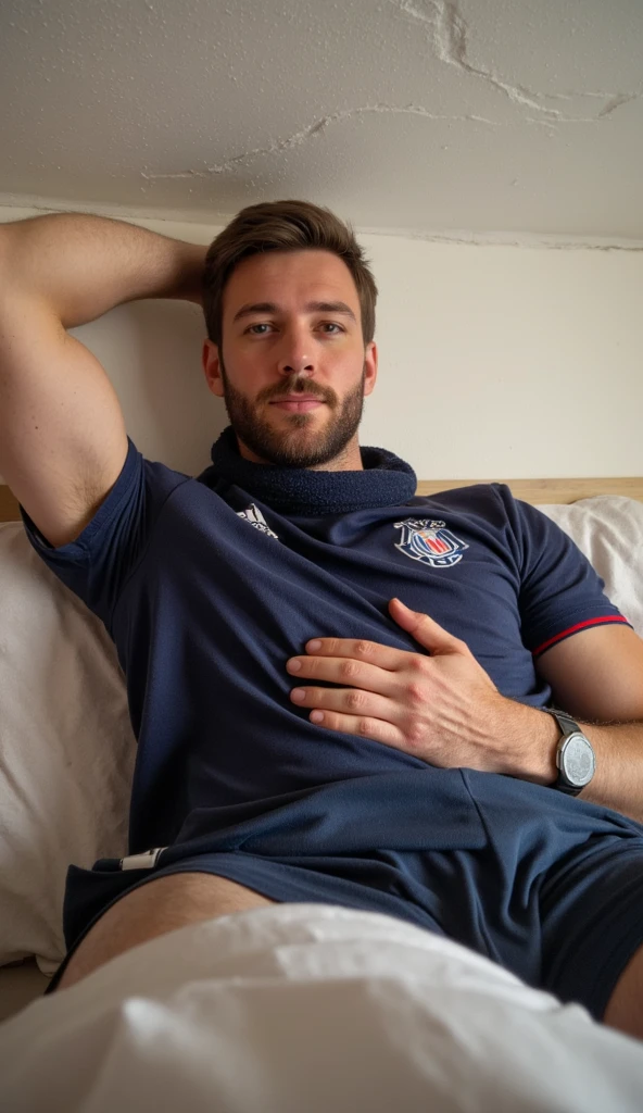 handsome european strong and manly dark blond bodybuilder with thick muscles with a handsome smirk and very detailed open eyes wearing Retro-style sweatshirt and red micro thong at a cozy christmas night sitting on the bed reading a realistic detailed book, dimmed light, small fairy lights, dynamic romantic situation,
