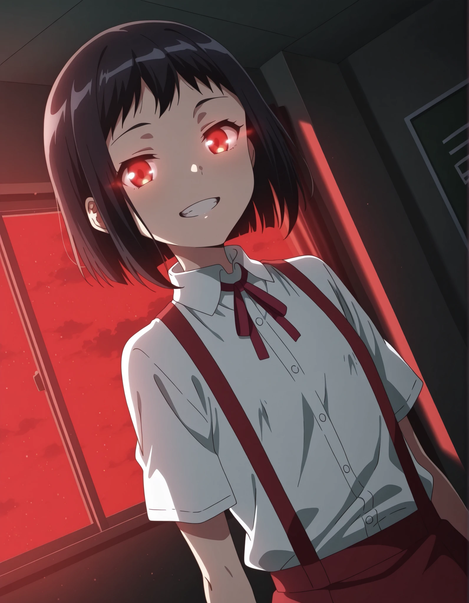 solo, 1girl, hanakosan, black hair, grin, teeth, flat chest, school uniform, red skirt, neck ribbon, white shirt, short sleeves, suspenders, suspender skirt, BREAK classroom, indoors, looking at viewer, standing, dutch angle, red lit, night, dark room, (glowing eyes:1.1), upper body, dark room, red color atmosphere