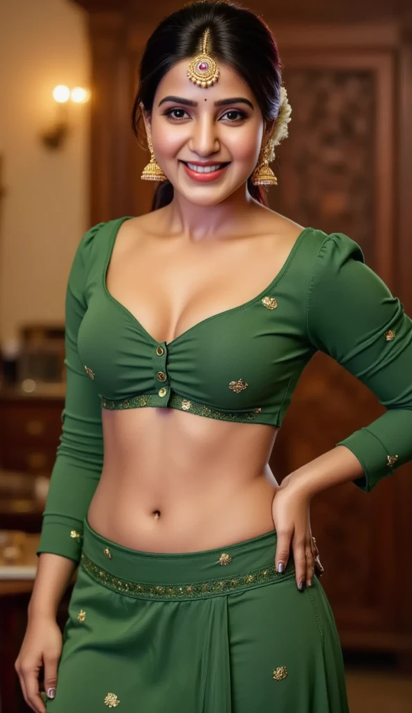 a woman in a sari posing for a picture, indian goddess, traditional beauty, indian, beautiful goddess, ornate cosplay, indian style, indian super model, beautiful maiden, gorgeous woman, south east asian with long, provocative indian, gorgeous beautiful woman, intricate outfit, hindu aesthetic, beautiful asian girl, extremely detailed goddess shot, jaw-dropping beauty, big deep cleavage sexy navel