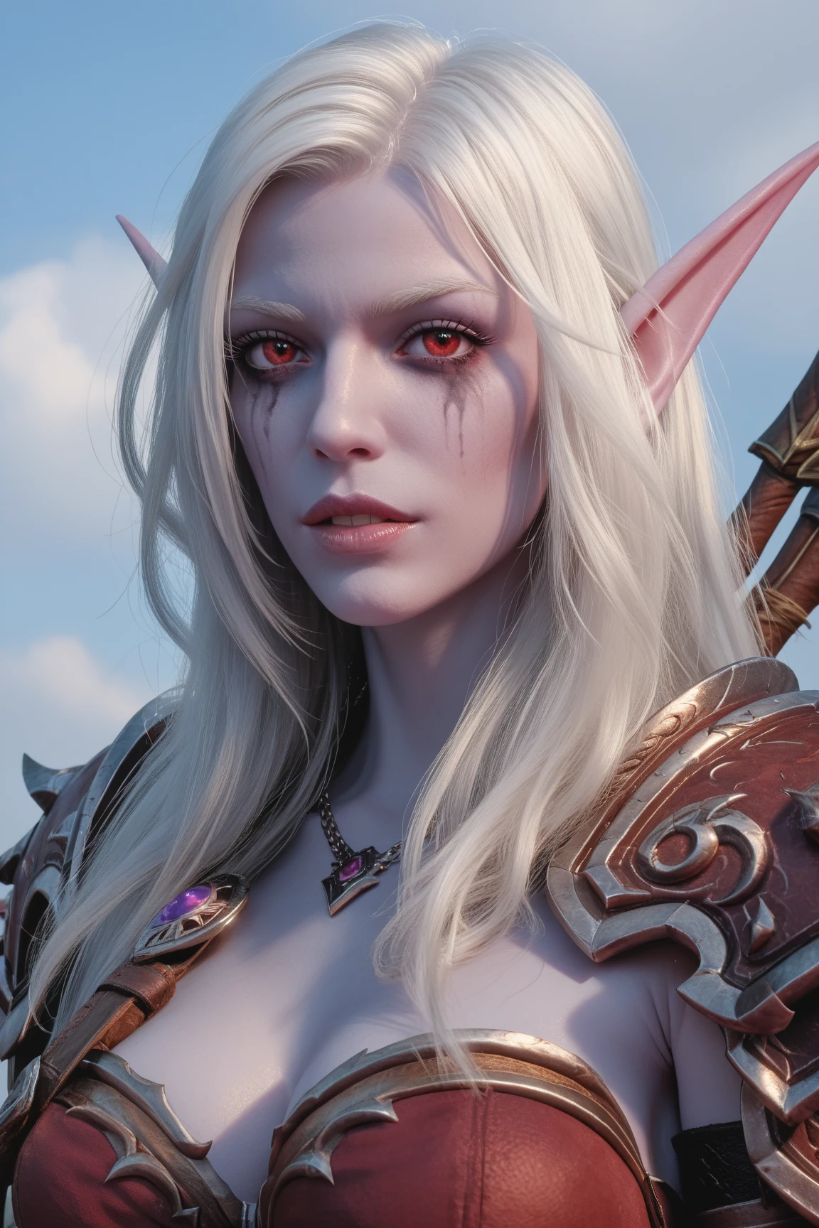 xsylvanasx, white hair, long hair, red eyes, elf, pointy ears, runny makeup, undead, воинственная поза, агрессивный взгляд, в руках держит лук.