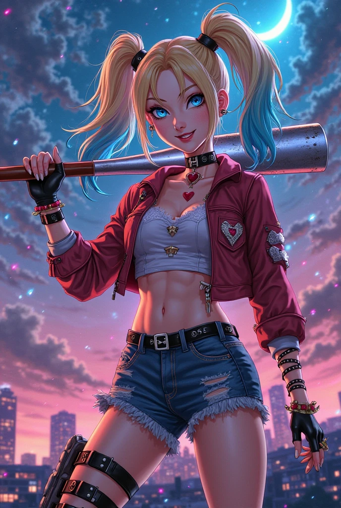 1girl, Harley Quinn, \(Suicide Squad ISEKAI)\) , Exquisite Details, Anime Screenshot , best quality, Solo, animation coloring, Colorful composition, Artistic Photograph , This is Origami isekaiquinn, makeup, Heart Face Mark , striped head, blond hair, blue hair, twin tail, blue eyes, smiles, open mouth, , blush, 자연스러운 moon빛, detailed beauty , Thigh High Panties , gloves, belly, sternum, jewel, jacket, Open clothes, shorts, 검은 gloves, belly, 검은 Thigh High Panties , 손가락 없는 gloves, collar, bracelet, 열린 jacket, 검은 jacket, Crop top, torn clothes, 짧은 shorts, tattoo, chain, spike, 크롭 jacket, spike bracelet, spike collar, 마이크로 shorts, 다채로운 jacket, rooftop, city, cloud, moon, Night time, is standing, From the side, Looking at the Viewer , dynamic angle, 역동적인 포즈, (( Swinging a Metal Bat ))