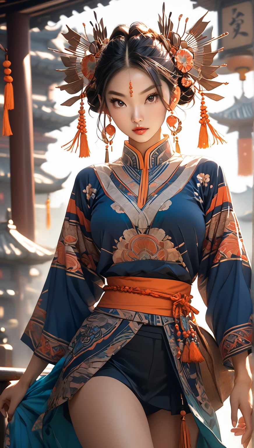 <lora:Yanxi_v1:0.8>,yanxi,1girl, solo, (RAW photo, best quality), (realistic, photo-realistic:1.3), extremely delicate and beautiful, full body, Amazing, finely detail, masterpiece, ultra-detailed, highres,(best shadow),intricate,stunning skin details, Chinese classical architecture as the background,fine art photography, romantic depictions of historical events, exquisite clothing detail, sharp focus, 8k UHD, DSLR, high quality, (film grain:1.4), Fujifilm XT3, (blue and orange tone impression),
