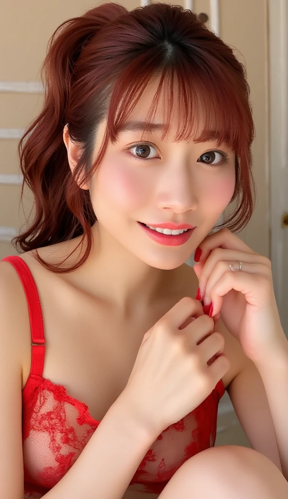 (flat-colors:0.9),(colourfull:1.1),(​masterpiece:1,2), top-quality, ​masterpiece, hight resolution, Original, highly detailed wallpaper, Viewer's Perspective,Solo,portlate, ((A ))、53 years old、Matuan Body Set、Exposing breasts、sheeth、Detailed tongue、Detailed mouth、Staring at this、