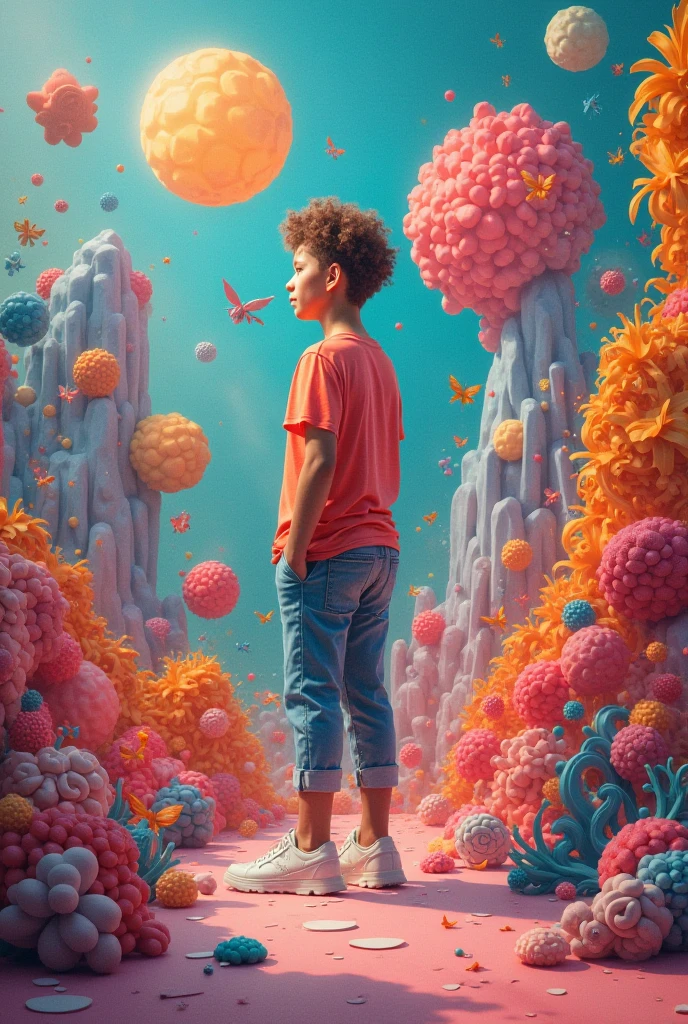 A KIDS, classroom, fantasy, psychedelic feeling, The wide view captures, colorful color matching, Maxon Cinema 4D, Luminism, cinematic lighting, retina, textured skin, anatomically correct, best quality, award winning