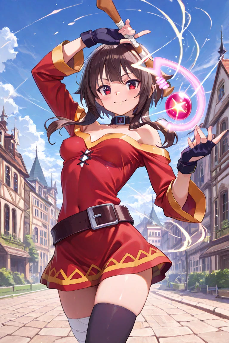 Mirai Kasuga (million live), (highest quality, 8K, masterpiece, Super detailed:1.2), (Lens flare, particles of light, shine), big breasts, smile, open your mouth, masterpiece, highest quality, Super detailed, High resolution, Very detailed CG, official art, idol costume, pink tie,white skirt, off shoulder, ((nfsw)), dynamic angle, perfect body,sexy, panty shot, M-shaped spread legs, raise your legs,Panties that dig into the crotch, 