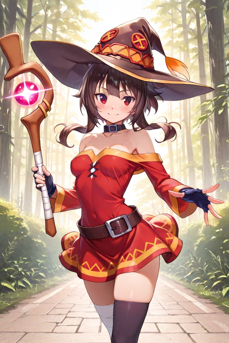 1girl, solo, short sleeves, green eyes, looking at viewer, smile, , simple background, heart 1girl,( steam, thong, megumin, witch hat, red dress, magic staff,