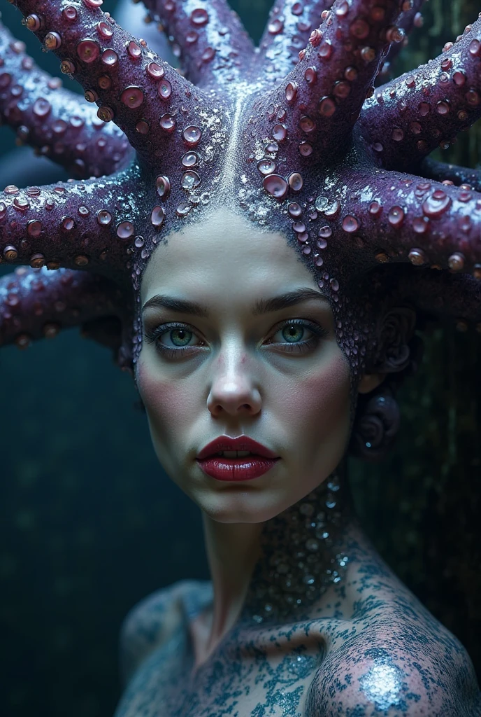 photo of woman, AnnaTorv, (front to camera), detailed european face, (aspiring facial expression), (((tentaclepunk style close))), ((magmapunk city on the background)), RAW, analog style, ultra detailed photograph, cinematic lighting, artstation, 4k, sharp focus, high resolution, detailed skin, detailed eyes, <lora:AnnaTorv:0.6>