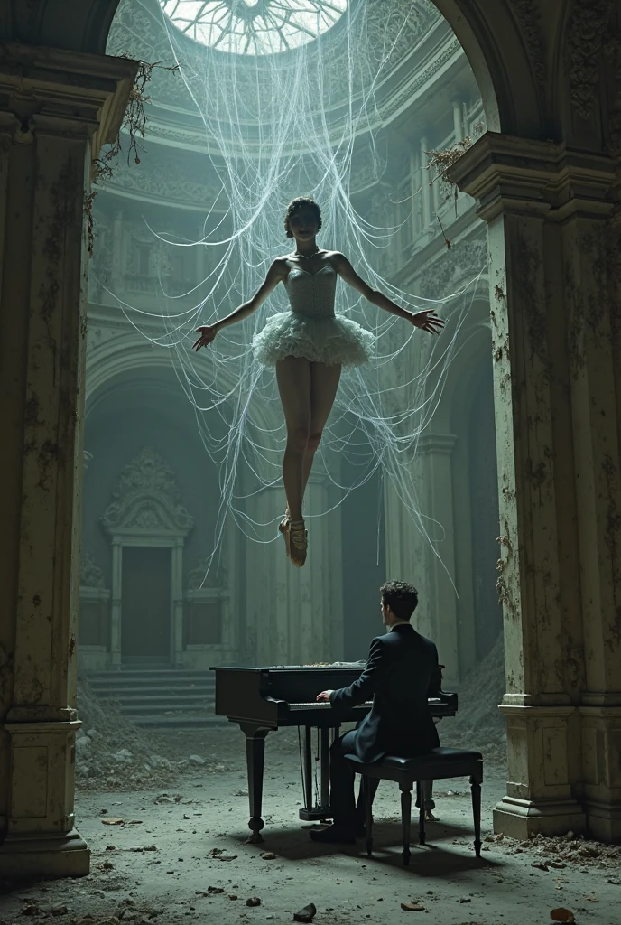 Scene of female nurse hanging herself in white thigh high socks, pink dress, hovering in the air , a man sitting on the ground in panic