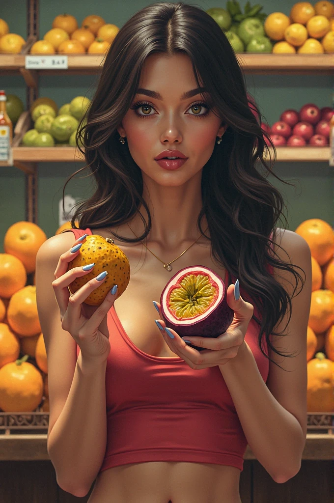 (best quality, highres, realistic:1.37), (HDR, ultra-detailed), vibrant colors, (portrait, photography), (soft lighting), a young, stunningly beautiful woman, naked with an apron, natural breasts, in a supermarket with various groceries and produce surrounding her.