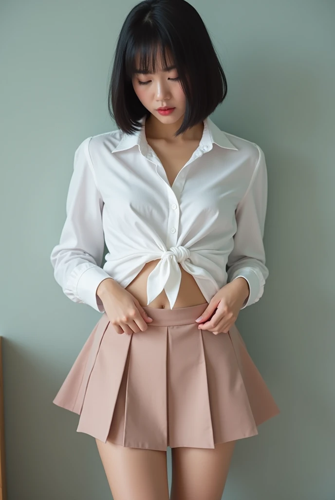 apanese,Caucasian female in the age of 20s with a red blouse and pink pleated miniskirt, standing , White background