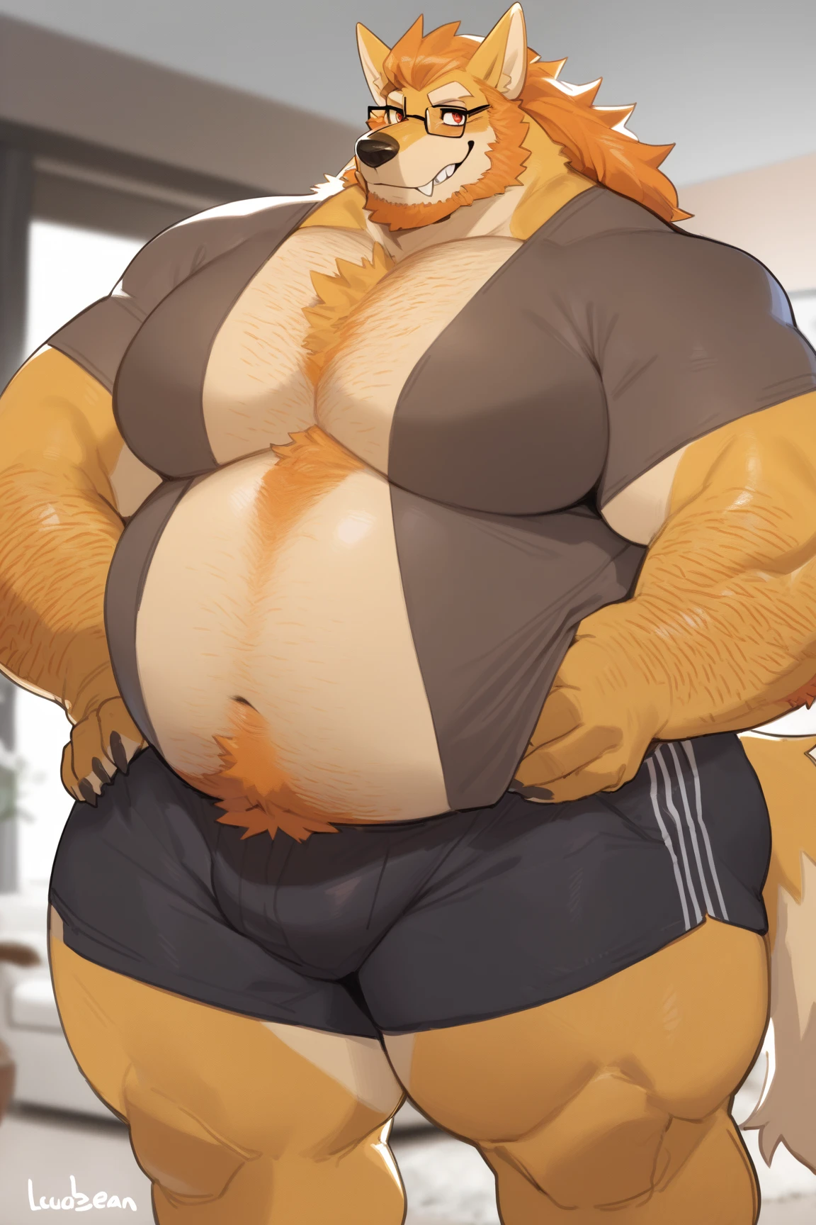 two orange and white wolves,ager,boys,Brown hair,No clothes on,two,obesity,belly,White legs,Standing,White paws,Black tight drawstring loincloth,station,Forest side,Green Plants,wait,eat,lamp,early morning,Cool sunlight,Chinese style station,Protrusions in the crotch area,Front image,Facing forward