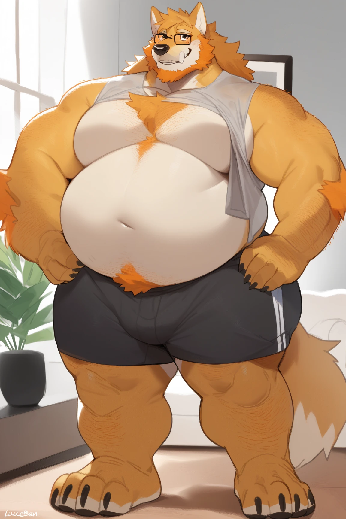 Nicolas Kroll, suit, orange cat, orange fur, solo, looking at the audience, shirt, 1boy, male focus, busty, chubby, white socks, white boxer panties, shy expression, erection, sitting on bed, legs raised, inside the room, flat paint, youth.