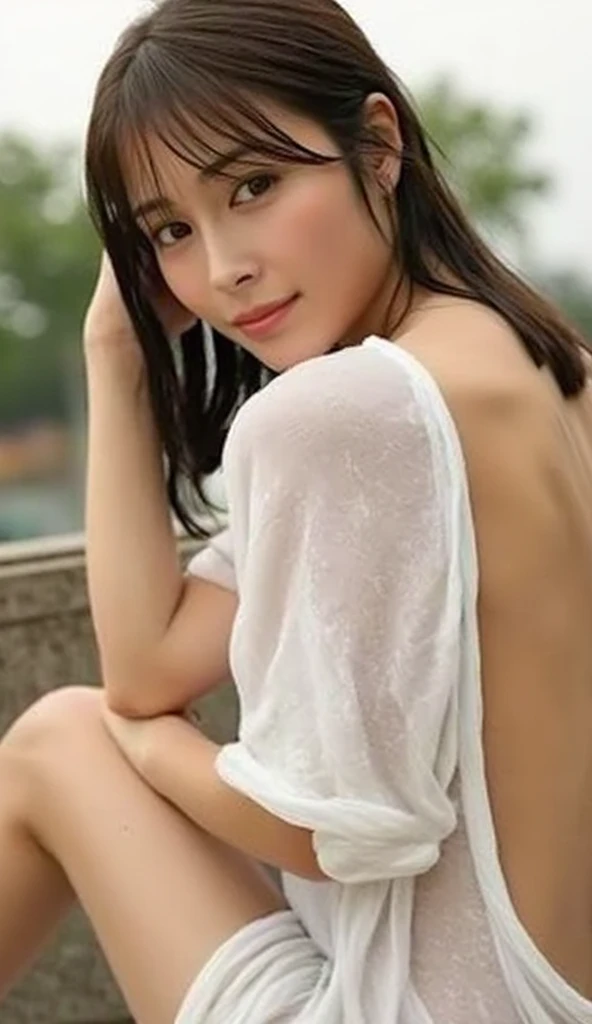 A beautiful woman with smooth white skin, Asian, laughing, cheerful, happy, wearing a white t-shirt, blue jeans, carrying a large camera, looking expensive, sitting on an old wooden boat. Watch fireflies in the canal at night. Fireflies are insects that glow. Fly low. Dim moonlight filters through the clouds. Soft moonlight. A dark night. Thick, black clouds. Only the fireflies glow slightly. that fly back and forth to that area There is a reflection in the water. In a canal with calm water like a mirror, Thai landscape, 32K high resolution.