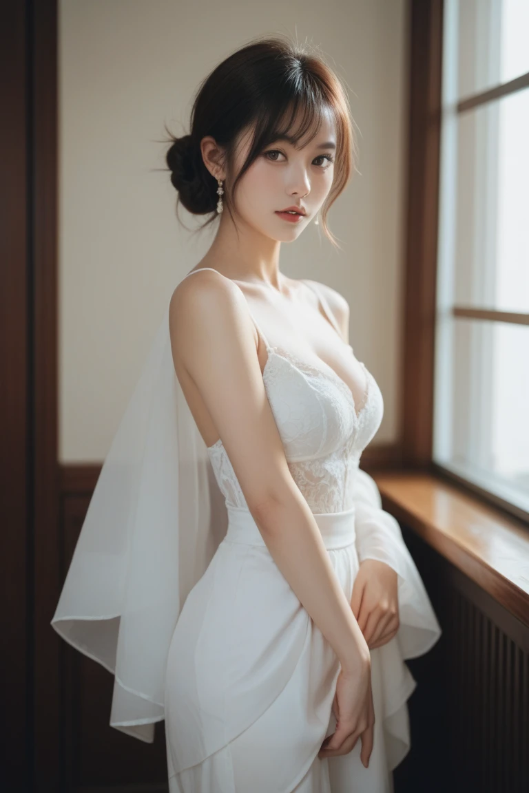 One girl, masterpiece, Highest quality, Ultra high definition RAW, High resolution, Ultra-realistic, 16K, Intricate details, whole body, Cinema Lighting, Portraiture, Bokeh, (Pale skin, Real Skin, Highly detailed skin texture, Abdominal muscles, Slack , The body is slim), Wearing a light beige leotard