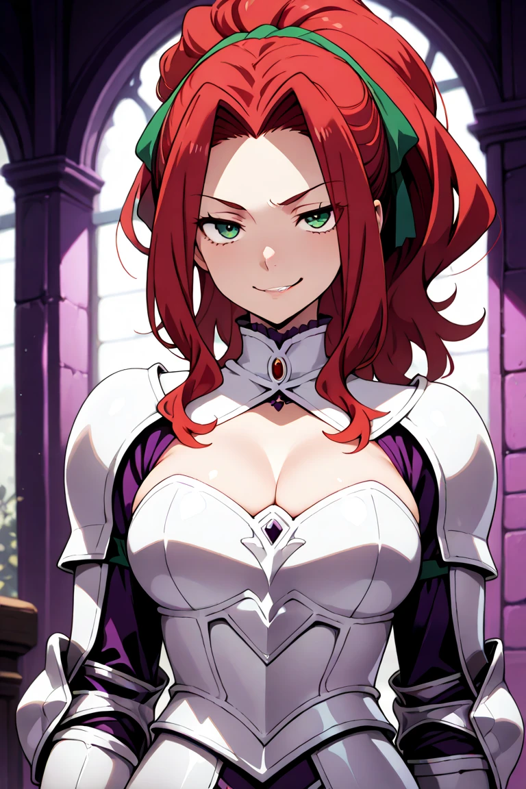 malty melromarc, upper body, 1girl, red jewelry, green eyes, red hair, steel armor, belt, cleavage, bare shoulders, purple skirt,