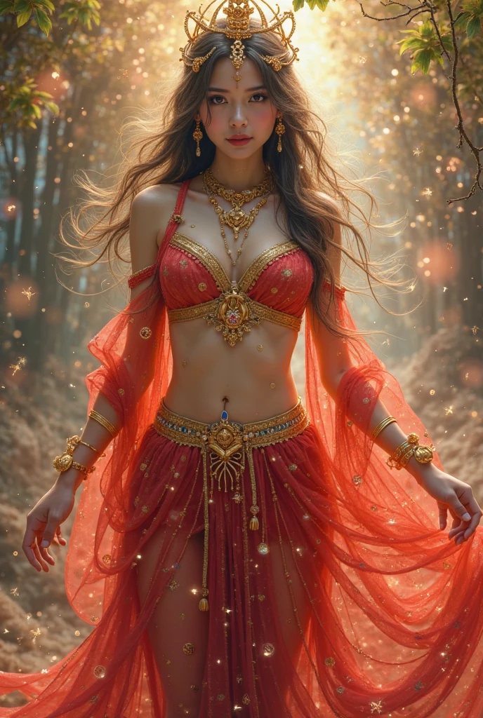 "A celestial goddess with long, flowing dark brown hair adorned with gold accessories stands against a cosmic backdrop of a starry night sky with auroras. She has a flawless, pale complexion with striking red lips and captivating eyes. She wears a revealing, elegant red gown with intricate gold designs wrapping around her bodice, arms, and waist, with cutouts exposing her midriff and thighs. Golden jewelry, including a necklace and armlets, complements her majestic and ethereal presence."