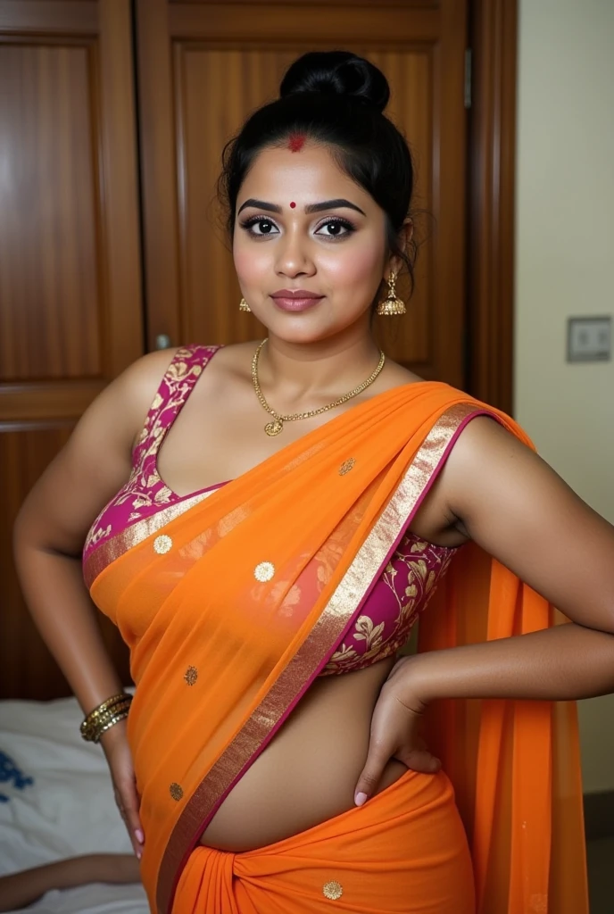arafed woman in a pink sari, looks like Sandeepa Dhar, thick figure, curvy, traditional beauty, hindu aesthetic, assamese aesthetic, traditional makeup, indian goddess, indian girl with brown skin, wearing bihu dress mekhela sador, indian style, indian, gorgeous woman, south east asian with round face, a stunning portrait of a goddess, beautiful himalayan woman, beautymarks,