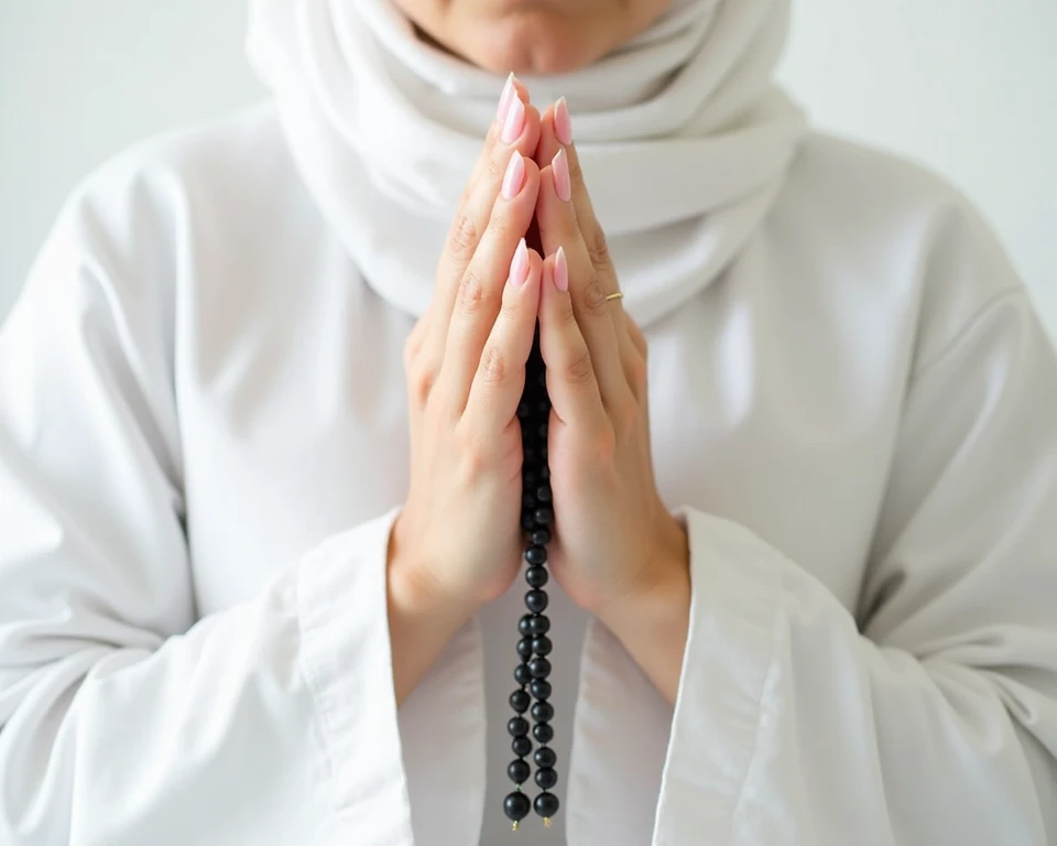 Create a realistic picture of a beautiful woman, clean white skin, sharp nose, Indonesian face, wearing a neat long white hijab, white Islamic Muslim clothing, wearing white sneakers. facing forward. hands cupped in front of chest. background of a cupboard full of books.