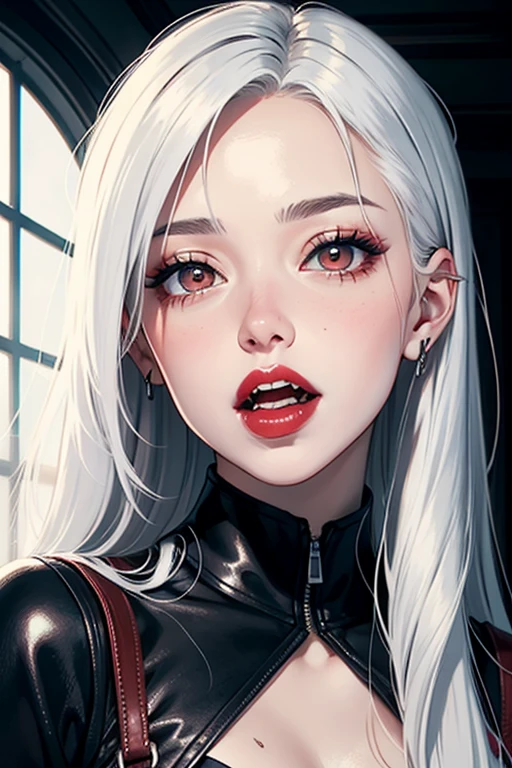 ((Portrait Photo)), She has a Mischievous and Youthful Appearance, with a Slender Build, Pale Skin and a Huge Breasts. She Expresses a Cheerful and Energetic Look, Giving Off a Smug and Lively Attitude. She has Light Gray Eyes, and Her Hair is Long, Silvery-White, and Tousled, with Bare Forehead. She Wears an Oversized, Open Bomber-Style Jacket, with a White Top, Revealing Her Midriff. ((Portrait Photo, HDR, Dark Background))