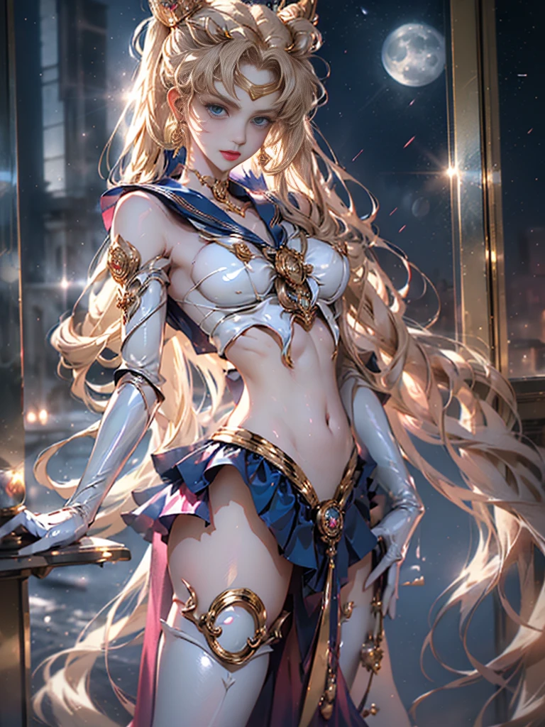 solamente, Super fine photo, Unreal Engine 5 8K UHD digital art portrait of a girl, Arte conceptual, character concept design, wearing a tight, shiny white dress with metallic details, corona de oro, ojos azules, fantasy princess, guante metalico, cabello largo y rubio, La mejor calidad, Obra maestra, Super detailed, foco nítido, pose Sujestiva y sexy y inocente y