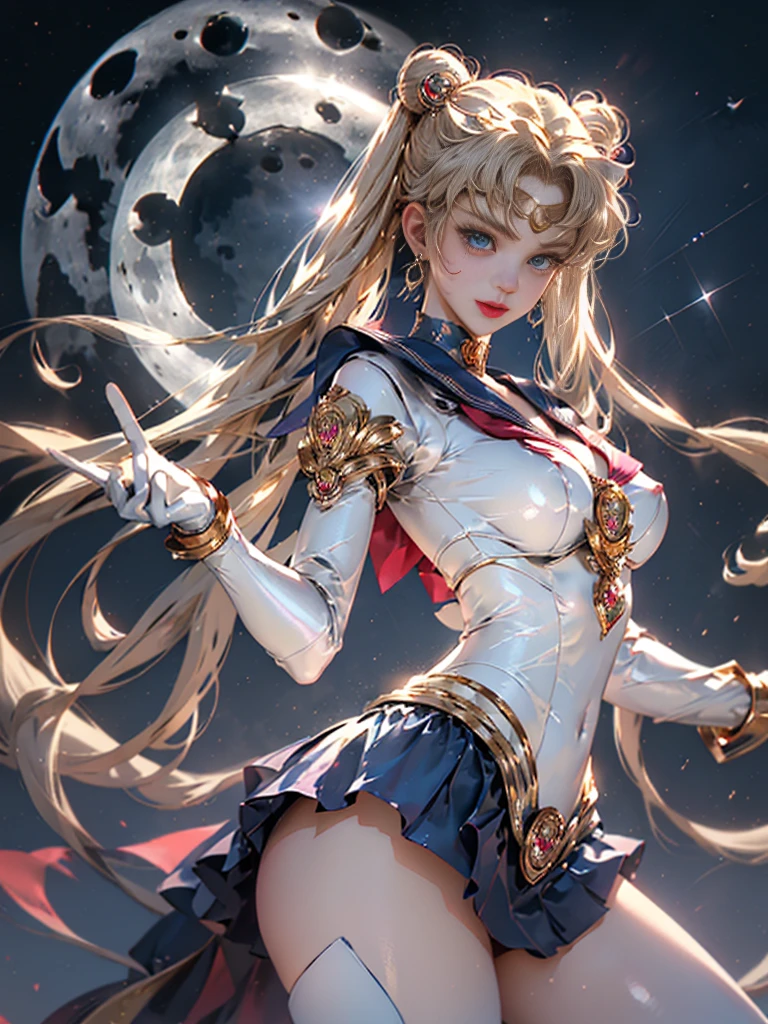 Masterpiece, Full: 1.3, Stand, 8K, 3D, Realistic, Ultra Micro Shooting, Top Quality, Extreme Detail CG Unity 8K Wallpaper, from below, intricate details, (1 female), , (meishaonv Sailor Moon supersailormoon mer1, Tiara, Sailor Senshi Uniform Sailor: 1.2, Sailor Moon: 1.2), Impossibly long bright twin-tailed blonde, thin and very long straight twin-tailed blonde, hair bun, red round hair ornament in a hair bun, Sailor Senshi uniform, (blue collar, blue sailor collar, blue pre-gate mini skirt: 1.3, very large red bow on the chest: 1.3, long white latex gloves: 1.3, red gloves on the elbows, Very large red bow behind the waist: 1.1, cleavage is looking large, golden tiara, earrings), (face details: 1.5, bright blue eyes, beautiful face, beautiful eyes, shiny eyes, thin lips: 1.5, thin and sharp pale eyebrows, long dark eyelashes, double eyelashes), luxurious golden jewelry, huge white wings,thin, thin and muscular, small face, big breasts, perfect proportions, Thin waist, sexy model pose, visible pores, seductive smile, perfect hands: 1.5, high-leg swimsuit, very thin and fit high-gloss white holographic leather, octane rendering, very dramatic image, strong natural light, sunlight, exquisite lighting and shadow, dynamic angle, DSLR, sharp focus: 1.0, Maximum clarity and sharpness, (space background, moonlight, moon, dynamic background, detailed background)