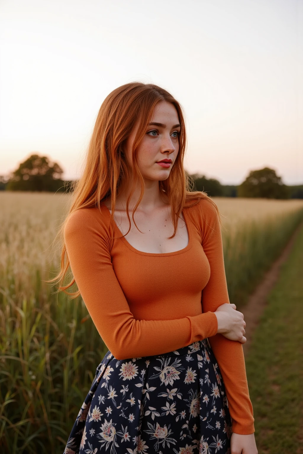 Hyper realistic and detailed full body photo of one young red head smiling beautiful a woman. Orange and pink and green Cloudy Sunset. Sharp light. perfect eyes, (Eye makeup:1.1), (highly detailed skin:1.1), RAW, analog style, sharp focus, 8k UHD, DSLR, high quality, Fujifilm XT3, grain, award winning, masterpiece.