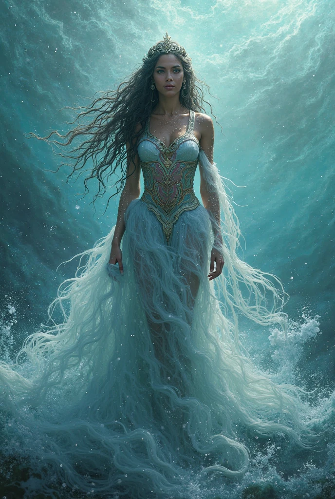 Beautiful woman long wavy black hair. wind, Queen of the sea, dressed in pearls all over her body, eggs, stormy sea, snails, bright blue eyes
