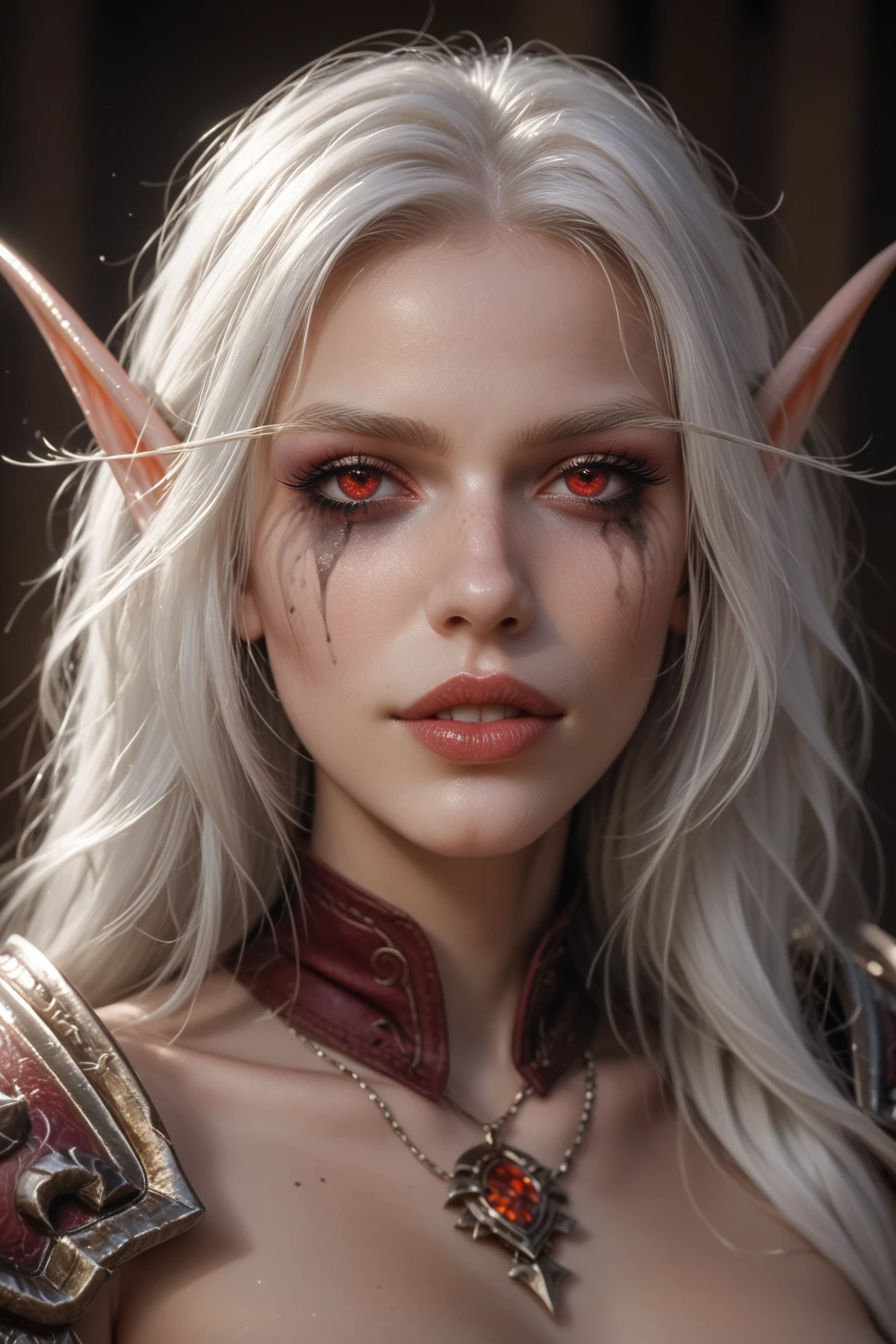 xsylvanasx, white hair, long hair, red eyes, elf, pointy ears, runny makeup, undead, воинственная поза, агрессивный взгляд, в руках держит лук.