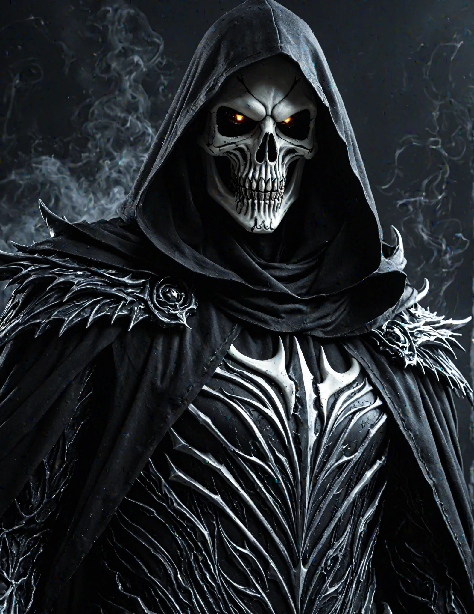 (extremely detailed 8k wallpaper), a medium shot photo of Grim dressed as a scary faceless masked bones-supervillain in an Gray armour made of white glowing armour from marvel, theme, intricate, high detail, dramatic, bones and destroyed buildings in the background