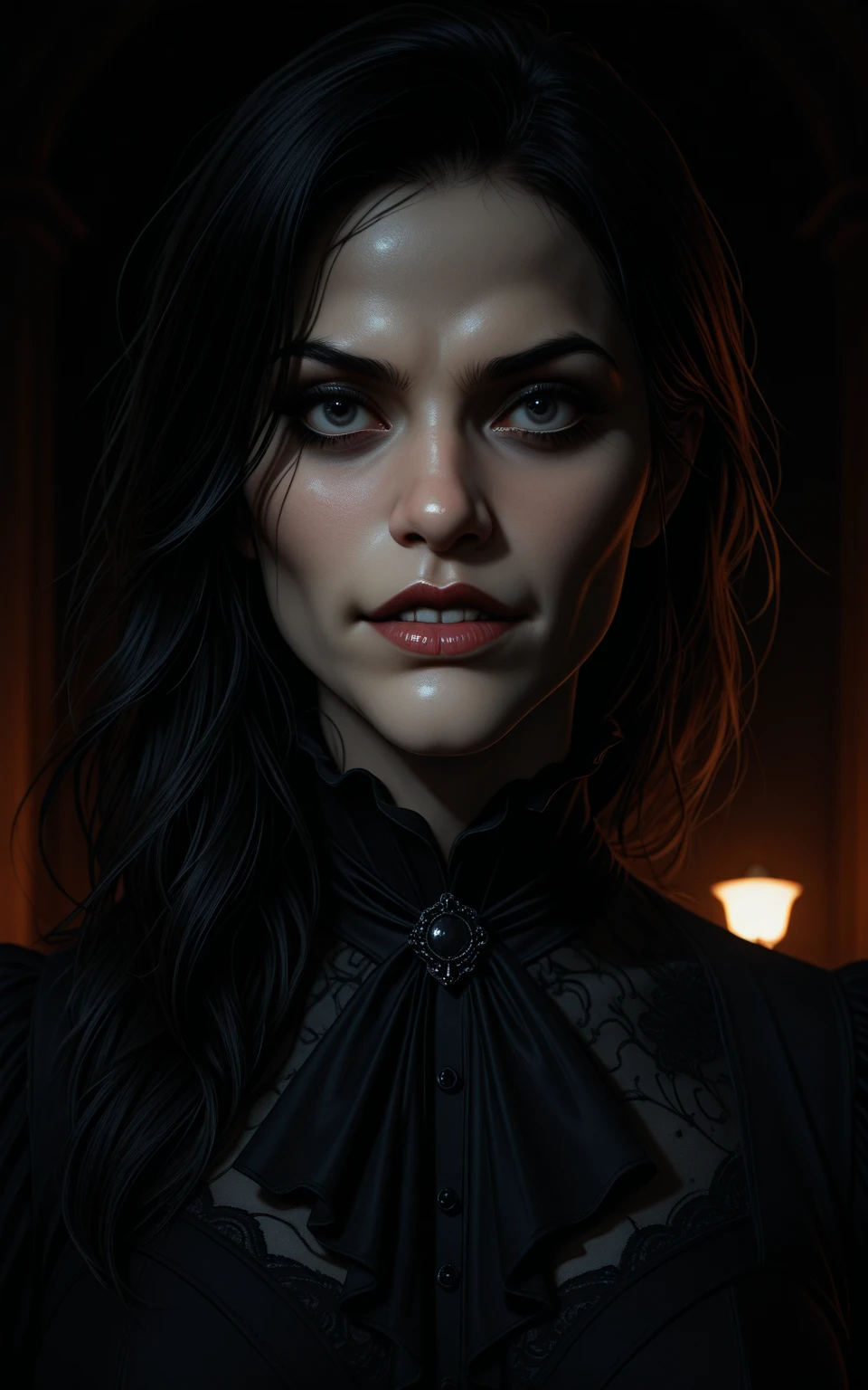 high quality, Attention to detail, Surrealism. Morticia from the Wednesday series.... As close to the image as possible...., Mature woman around 45 years old..... Ojos delinados of blacks and lavios pintados of blacks of color, Cabello Racio y Largo, the hair behind him,