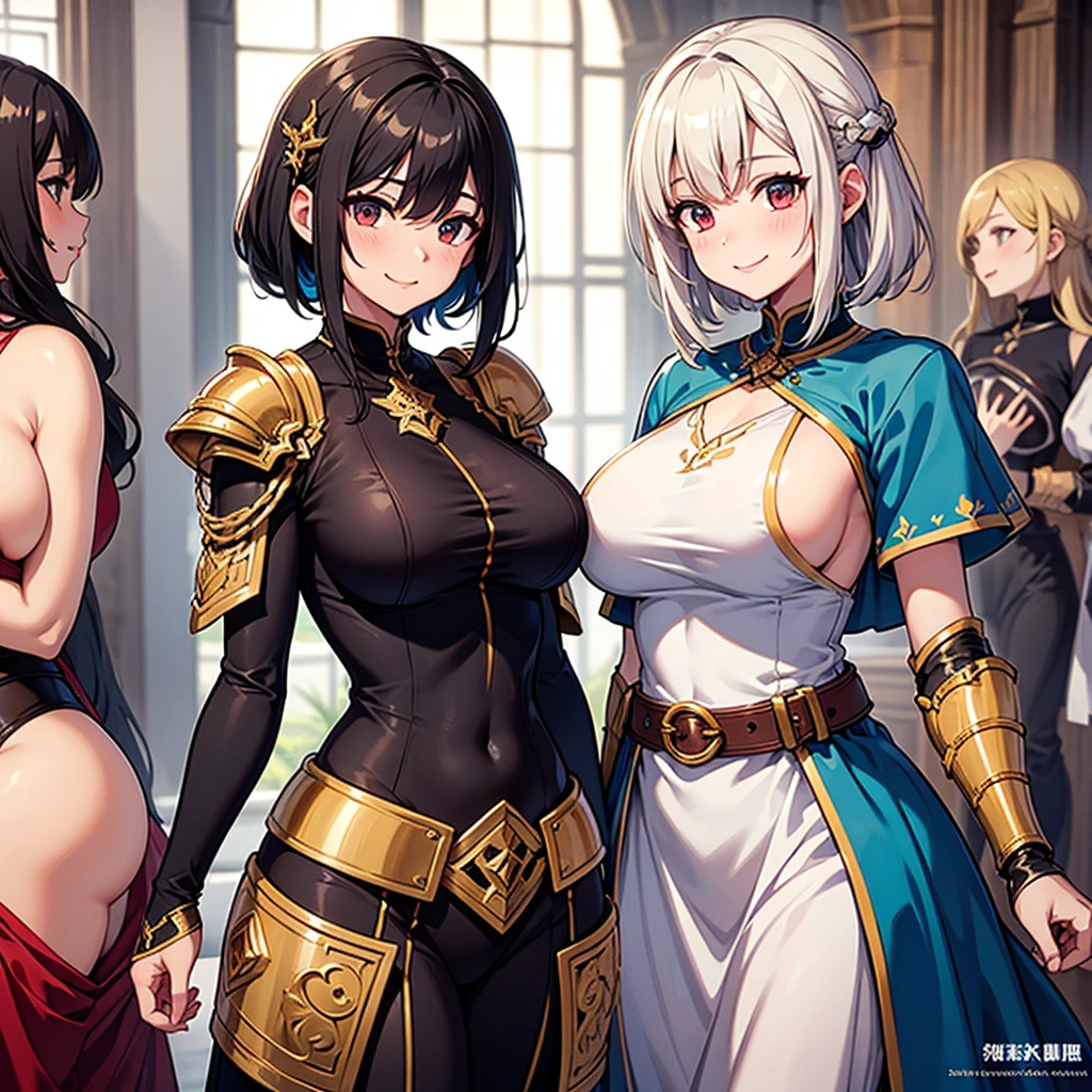 (masterpiece), maximum quality, (intricate high detailed body:1.5), (4 girls, group shot:1.4), (slim body:1.1), (huge tits:1.5), (dark skin:1.1), (muscles:1.1), blonde hair, silver hair, twin tails, braid, forehead, (open mouth, happy smile:1.1), (wink:1.2), (jewelry, knight armor, intricate leotard with sleeves, bikini armor, see through clothing:1.2), garter belt, body suits, rear view, back focus, medieval tavern